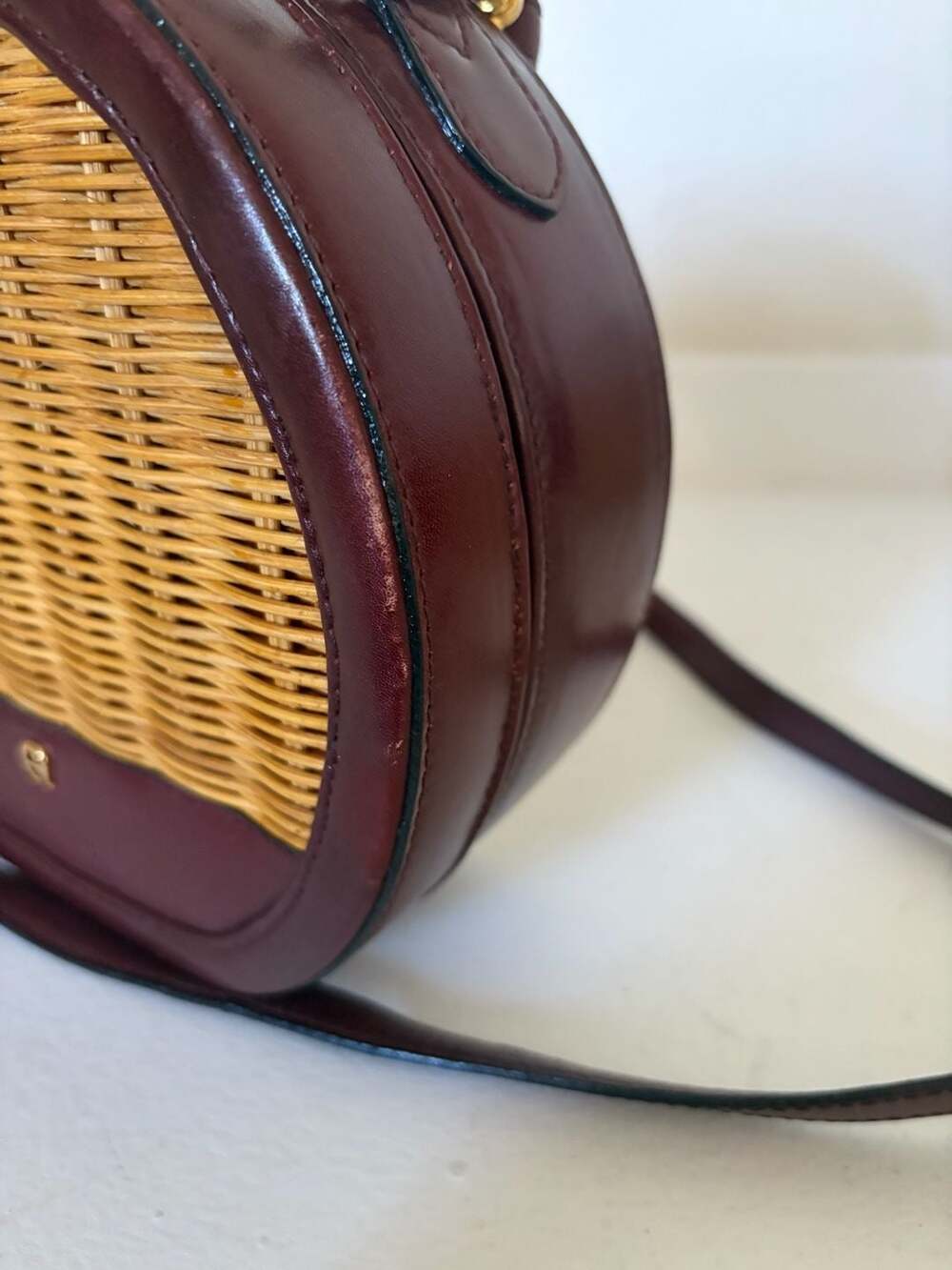 Vintage Etienne Aigner Burgundy Leather and Wicker Circular Crossbody Bag - Picture 8 of 10